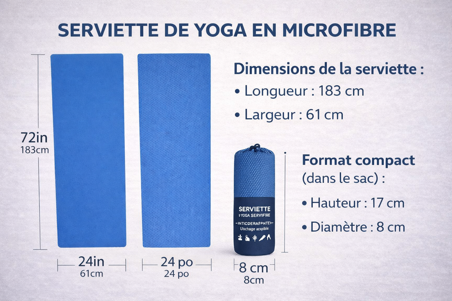 Serviette de Yoga Antidérapante avec Sac – Ultra-Absorbante & Silicone Grip (183 × 61 cm)