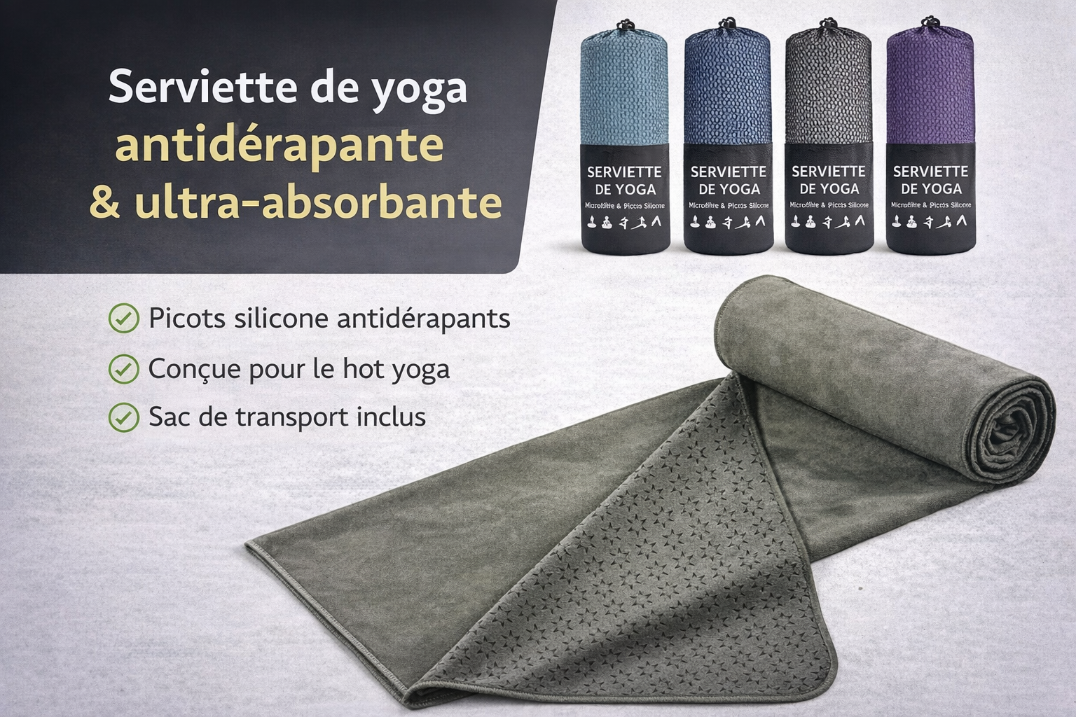 Serviette de Yoga Antidérapante avec Sac – Ultra-Absorbante & Silicone Grip (183 × 61 cm)